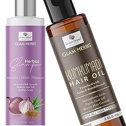 Herbal Onion Shampoo with Aloe Vera and Flax Seed 200ml + Kumkumadi Hair Oil 100ml | Dandruff & Hair Fall Control | Scalp Soothing | Infused with Amla, Manjistha, Sandalwood, Saffron | Hair Oil for hair growth | Repairs Split Ends, Reduces Breakage | Combo hair care set shampoo & hair oil For Men & Women-2