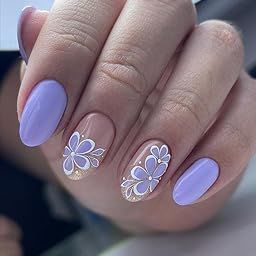 FWS Artificial fake Press On Nails Art Set (Set Of 20) Reusable Nails Extension,BridalNails,Stick-On Nails,Manicure Art Set, AcrylicNails,False Nails,DesignerNails | Nail Glue, Nail file, cuticle pusher, cleaning wipe | Glossy Lavender Floral Shape Oval-image-33