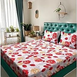 Klotthe Red Floral 300 TC Cotton Blend Super King Double Bedsheet in Book Fold Packing-image-3