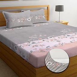 NEW LEAF Premium Cotton Elastic Fitted Bedsheets with 2 King Size Pillow Covers | Double Bed with All Around Elastic 180 TC Supersoft |Size-72 King Sizex78+10 inches | Rust White Striped-25