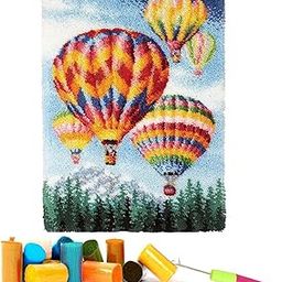 Emistem Latch Hook Rug Kits for Kids Adults, DIY Mat Tapestry Carpet, Crylic Yarn, Pre-Printed Canvas, Gift Packaging Handmade Crafts for Beginner. (Colorful Hot Air Balloons, 20x15")-0