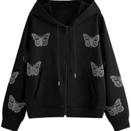 Casual Butterfly Printed Long Sleeve Front Zipper Hoddie for Women (Black)-image-77