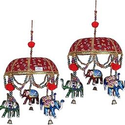 Heart Home Rajasthani Traditional Windchimes|Handcrafted Latkan|Toran with 5 Decorative Hanging Elephants,Pack of 2 (Red)-image-29