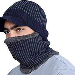 2-Pieces Winter Beanie Hat Neck Scarf Set Warm Knitted Fur Lined For Men's & Boy's-(Blue,Freesize)-image-60