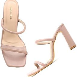 Women's Chunky Block Heel Sandals with Two Straps, 4 inch Heels, Nude Colour-image-26