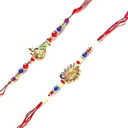 Decorative Peacock Rakhi Set with Beads, Traditional Thread Raksha Bandhan Bracelet, Red and Blue, Pack of 2-image-54