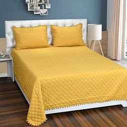 Luxury Ultrasonic Glace Cotton Solid Bubble lace Lightweight All Season Bedspreads/Bed Cover with 2 King Size Pillow Covers - (90x100 Inches,Mustard Yellow)-image-75