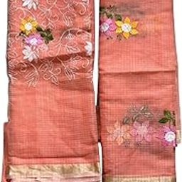 Kota Doria Unstitched Suit Material, Peach Colour with Floral Embroidery, Gold Border-image-22