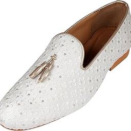 Men's Embellished White Slip-On Juttis For Bridal Party Casual Jutti For Bridal Party Casual, Ethnic Shoe, Juti, Juti for men, Ethnic juti, Juttis and Mojaris, Cocktail, Wedding|Party|Occasions|Fashion|Outdoor|Indoor|Lightweight|Shoes with TPR Sole-image-3