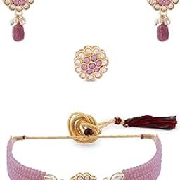 Purple Multistrand Crystal Beaded Kundan Choker Necklace Earring & Ring Set For Women-ZPFK14835-image-39
