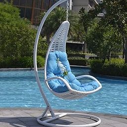Hindoro Rattan Wicker Wrought Iron Single Seater Swing Chair with Stand & Cushion & Hook Outdoor || Indoor || Living Outdoor Furniture (White with Blue, Unique Shape, 106.7 Cm, 203 Cm, 106.7 Cm)-image-39