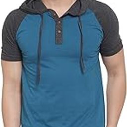 Men's Half Sleeves Dual Colour Cotton Blend Hoodie(Teal::Dark Grey Melange)-image-95