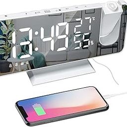 ThreeH Plastic Projection Alarm Clock With Usb Charger 180° Rotable Projector Digital Radio Clock 7.4'' Mirror Large Display 2 Sounds 4 Dimmer White-16