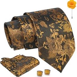 Mustard Floral Tie For Men – Formal Ties Set With Pocket Square & Tie Pin Clip For Mens, Silk Neckties Gift Sets For Men’s (AX24_20)-image-22