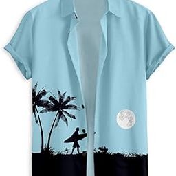 Men's Hawaiian Beach Shirt, Short Sleeve Button Down, Surfer Palm Tree Print, Light Blue-image-52