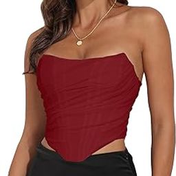 Women's Vintage Strapless Open Back Boned Mesh Bustier Zip Back Corset Bodyshaper Crop Top-image-99