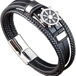 CAPTAIN HELM BLACK - Genuine Leather Braided Bracelet with Stainless Steel Magnetic Buckle for Men & Boys (8 inch)-image-32