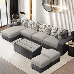 FURNY Berlando Fabric 8 Seater LHS L Shape Sofa Set with 1 Centre Table & 2 Puffy -(Light-Dark Grey)-image-59