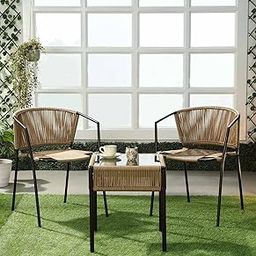 Egizmo 2 Seater Coffee Table Set Furniture Rope Chairs with Cushions and Glass Top Square Coffee Table Garden Outdoor Furniture, Beige Rope/Natural Color-image-99