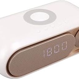 Digital Alarm Clocks, USB Charging, FM Radio, Mobile Phone Holder, Wireless Charging Clock Speaker for Bedroom (White Spray Gold 10W)-picture-7