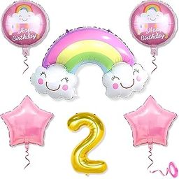 Mystic Toy Store 2nd Rainbow Balloons for Birthday Decoration Kit Multicolour 2 year Baby Boys Girls Kids 5 Pcs Rainbow Theme Foil Balloons Decoration Set Items 2 Pcs Pink Star-image-48