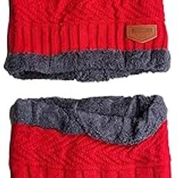 Warm Knitted Fur Lined Winter Beanie Cap Neck Scarf Set for Men and Women (Red)-image-99