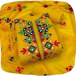 Women's Rajasthani Mirror Work Chanderi Embroidery Unstitched Salwar Kameez Dress Material-image-55