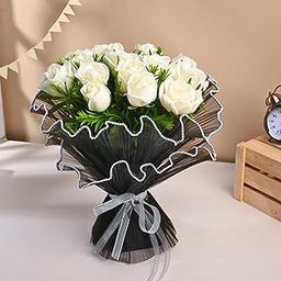 FlowerAura Fresh Live Flower Bouquet of 15 White Roses In Black Paper For Birthday & Anniversary Gift, Wedding Gift, Mother's Day Gift, Love & Romance Gift, Father's Day Gift (Same Day Delivery)-image-19