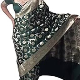 Womens Ready To Wear Banarasi Soft Lilan Cotton Saree, Dark Green-2