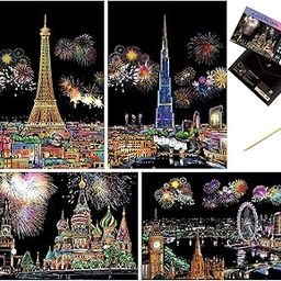 Cityscape Scratch Art Sheets, City View Scratch Cards, A4 Size, Art kit for Meditation, Rainbow Scratch Paper, Art and Craft for Adults and Kids, Women's Crafting Hobby, Gift for Girls and Women-4