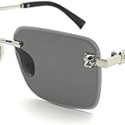 Luxury Rimless Square Sunglasses, Grey Tinted Lenses, Metal Frame, Silver-Black Temple Arms-image-64