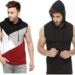 Men Sleeveless Cotton Sweatshirt Combo Gym Sports Hoodie for Men -Soild Black & Tiranga Pattern (Pack of 2)-image-87