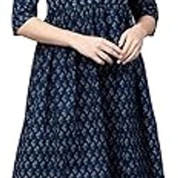 JALMALA’s Blue White Cotton Calf-length Gown and Pant Set: Geometric Ethnic Motif Print, Round Buttoned Neck, 3/4th sleeves, Regular Fit || Coord set for Women and teenage girls-image-55