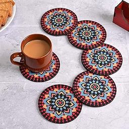 Gift Kya De Gkd Coaster Set Of 6 Beautiful Wooden Coasters With Proper Coaster Stand Designer Coaster Set Fit For Tea Cups,Coffee Mugs&Glasses (Round&Designer 3.5X3.5 Inch) (Black)-18