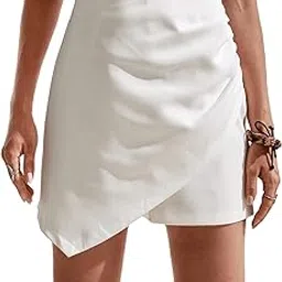 quecy Women's Wrap Tie Side High Waist Skort Elegant Zip Back Skirt Shorts White-picture-30