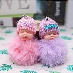 ( Pack of 2 Doll Keychain Cute Sleeping N Smiley Baby Doll Keychains Fluffy Fur Pompom Keychain Car Bag Pendants Soft Plush Toys for Kids, Girls(AB7)-image-11
