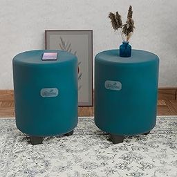 Decorvatsa Pouffes Sitting Stool for Living Room Decoration, Mudda Puffy Wooden Ottoman Stools, Kitchen Pouffe Footstool for Home Dcor & Dressing Table,14"X14"X16", PVC Legs, Round (Blue, Set of 2)-10