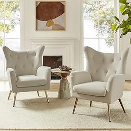 The Sofa Studio - Modern Chasterfield Velvet Arm Chair Set of 2 Button Tufted Wing Chair with Golden Matel Legs for Living Room, Bedroom, Dressing Room (Beige, Set of 2)-image-39