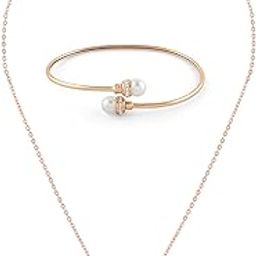 Rose Gold Tone Cubic Zirconia Contemporary Pearl Pendant With Chain and Bracelet Set For Women-ZPFK18397-2