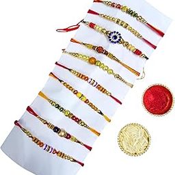 Set of 10 Rakhi for Men With Roli Chawal for Brother Bhaiya, Bhai Traditional Rakhi Set with Beaded Bracelets Multi-Colour (Random Designs)-image-21