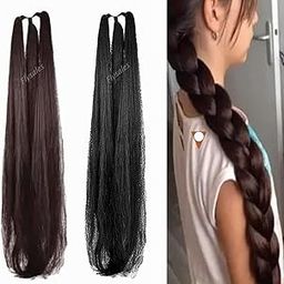 2Pcs Black and Brown 24Inch Artificial Hair Long Extensions for Women & Girls Savaram Gangawan Cataram Sadaraa Paranda Choti False Nakli Hair Wig choti Extra Hair Braid Attachment for Ladies-image-6