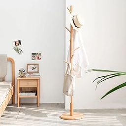 HOME CUBE Wooden Coat Hanger With 8 Hooks Coat Stand, Free Standing Tree Shaped Pine Wood Coat Stand For Coats Hats Scarves Clothes Handbags Round Base Bracket For Living Room & Entryway - Beige-29