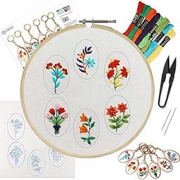 Embroiderymaterial 8-Inch Embroidery Kit for Beginners with MDF Key Rings (Oval Shape) – Includes Floral Designs, Needles, Cutter, Threads, Hand-Printed Fabric, and Instruction Guide-15