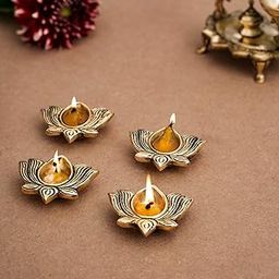 DecorTwist® Brass Diyas for Pooja Lotus Diya Deepak Deepam Oil Lamp for Pooja Room Temple Diwali, Navratri Decoration Items for Home Decor Puja Articles Brass Gifts Item Pack of 4-image-46