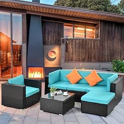 DEVOKO Patio Furniture Set 4-Piece Waterproof Outdoor Sectional Sofa with Washable Soft Cushion Wicker Patio Furniture for Outdoor Garden, Balcony, Backyard (Black and Sky Blue)-image-93