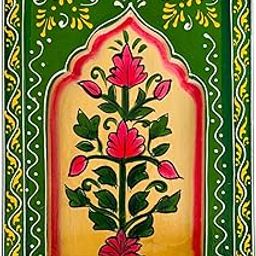 Traditional Indian Handpainted Decorative Wall Art, Floral Design in Green and Pink, Mughal Arch Style jharokha frame-image-51