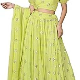 Womens Georgette Lehenga Choli Semi-Stitched Green Wedding Girlish Latest Free Size-image-10