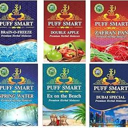 PUFF SMART Herbal Hookah Molasses (100% Nicotine and Tobacco Free) Double Apple, Brain-o- Freeze, Zafran Pan, Dubai Special, Ex on The Beach and Spring Water Hookah Flavor (Pack of 6)-image-90