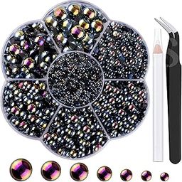 THR3E STROKES Nail Art Flat Back Half Round Pearl Kits 15, 1 Box of 6000 Pcs Flat-Back Black AB Pearl with Tweezer and Picker Pencil for Home DIY Nails Body Face Craft and Salon Use (D60)-image-94