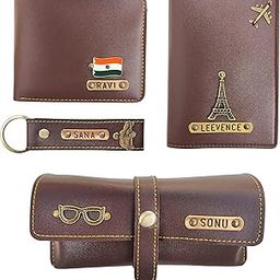 Personalized Custom Genuine PU Leather Passport Cover/Wallet/Keychain & Eyewear Name Crafted with Charms/Unique Design Unisex (Combo of 4 Set) Dark Brown-image-24